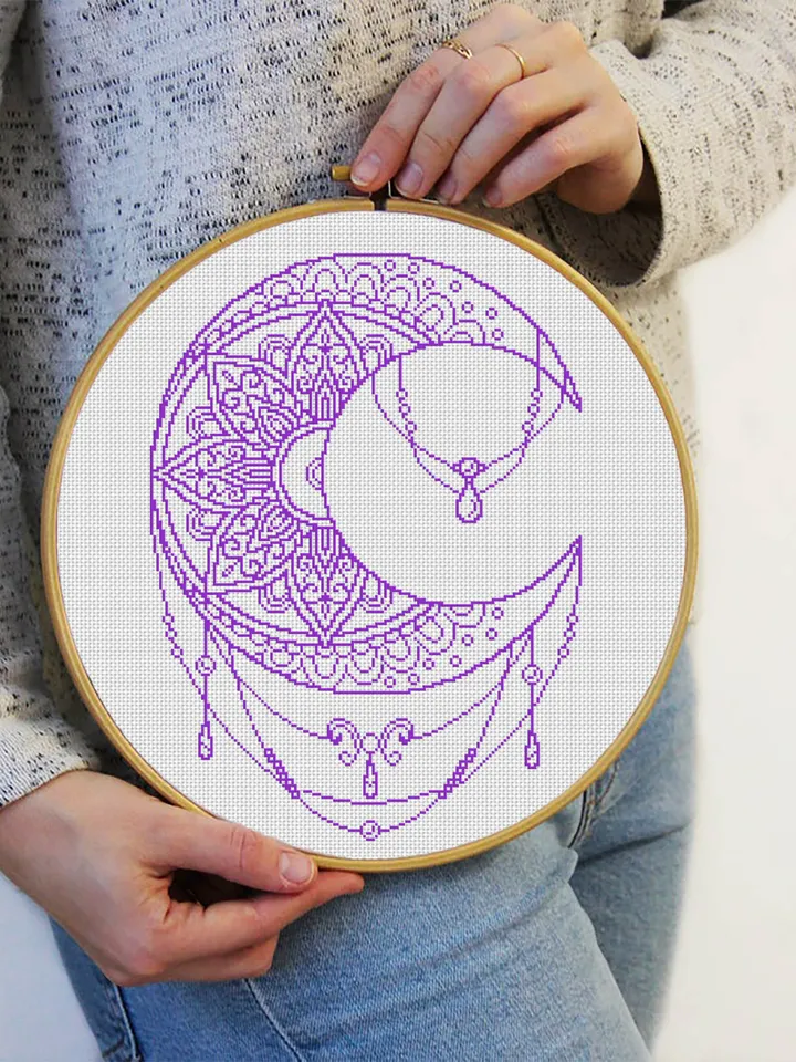 Moon mandala cross stitch pattern PDF download Crescent moon cross stitch chart, Simple mandala pattern digital PDF, Moon ornament #M162