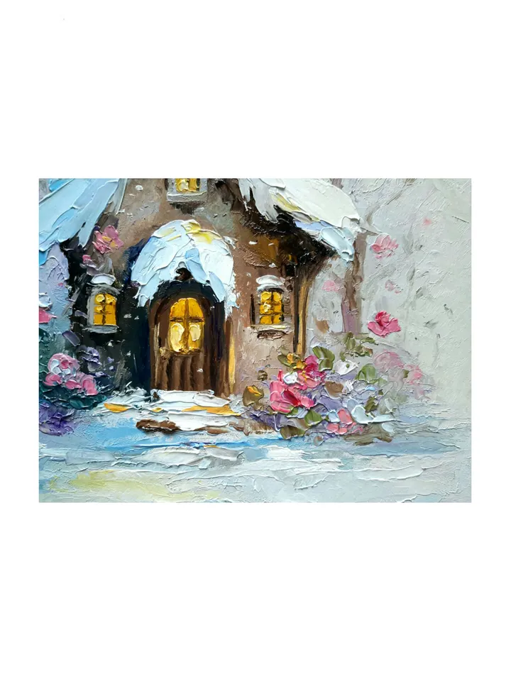 Winter Fantasy House Original Oil Fairy-tale Painting a Cute Christmas Gift.
