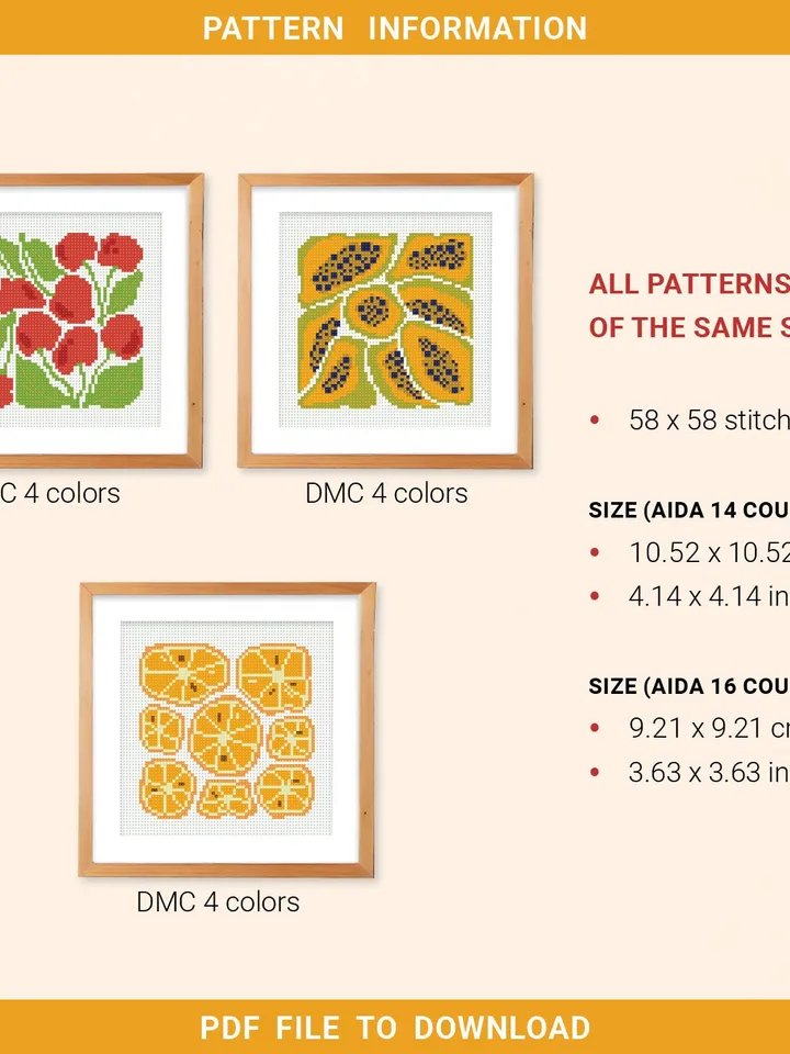 Bundle of 3 mini contemporary Fruit Cross stitch patterns Abstract Food Plant beginner counted modern chart gift DIY embroidery instant PDF