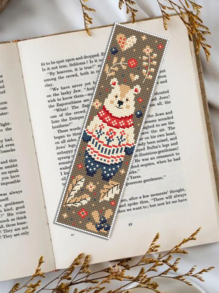 Animal bookmark cross stitch pattern PDF download Scandinavian folk bear cross stitch chart, Autumn bookmark pattern digital PDF #B425