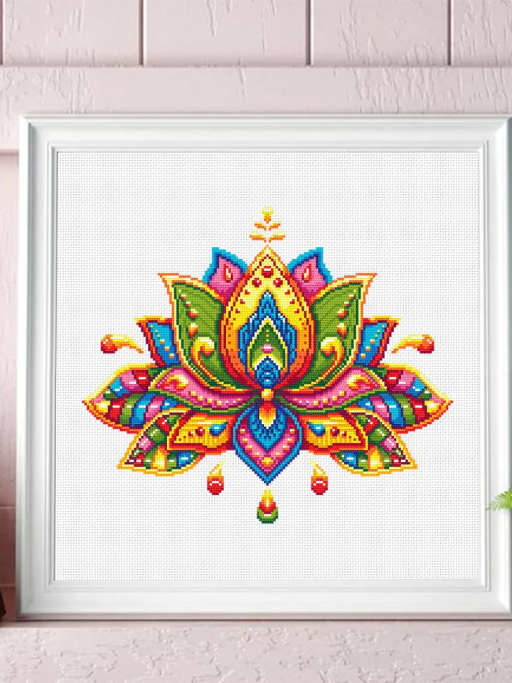 Lotus flower mandala cross stitch pattern PDF download Floral mandala embroidery PDF, Rainbow lotus cross stitch chart, Lotus mandala #M197