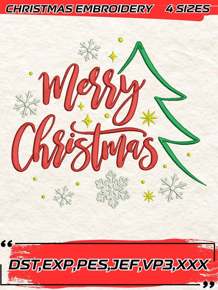 Merry Christmas Embroidery Design,Christmas Embroidery Design,4 Sizes, Digital Download