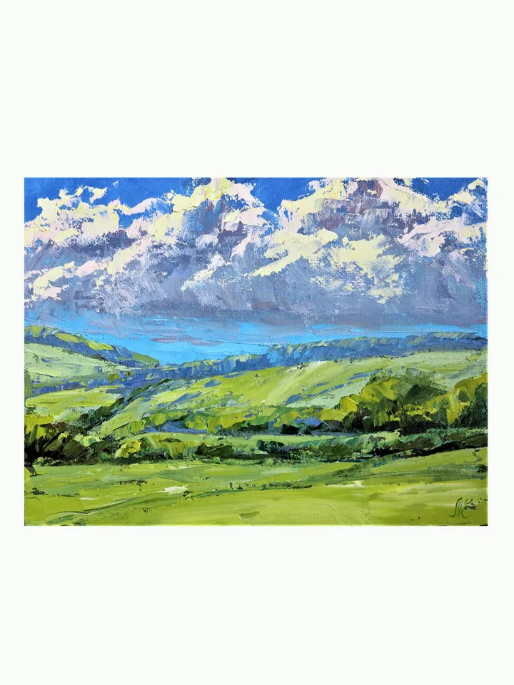Original Oil Painting Summer Landscape with Green Field and Clouds Peaceful Summer Sky over a Green Field Small Oil Artwork