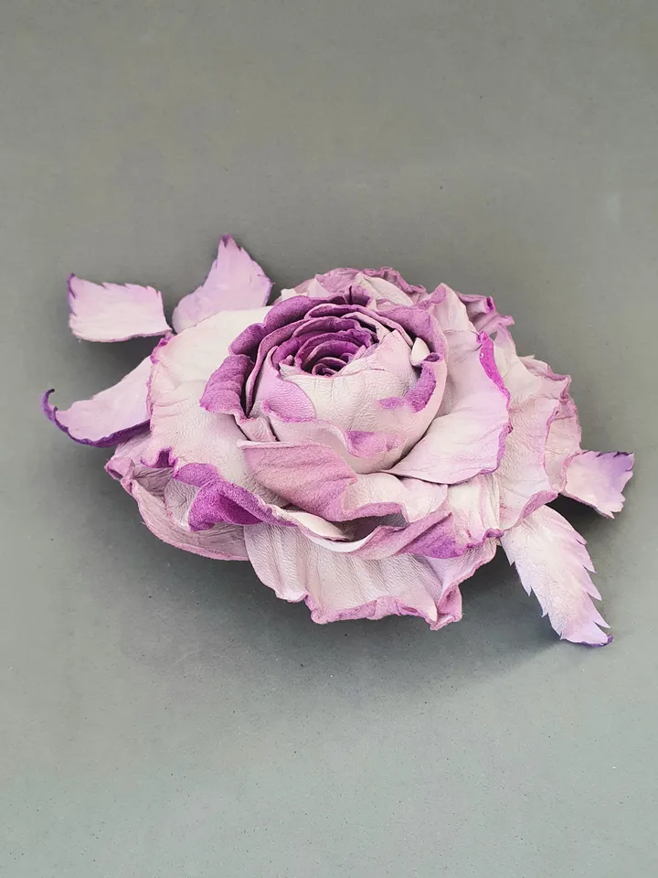 Lilac rose leather brooch 3rd anniversary gift for wife, Leather women's jewelry