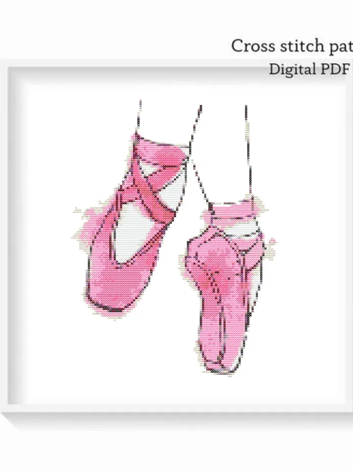 Pink pointe shoes cross stitch PDF pattern, Watercolor embroidery design, Instant download