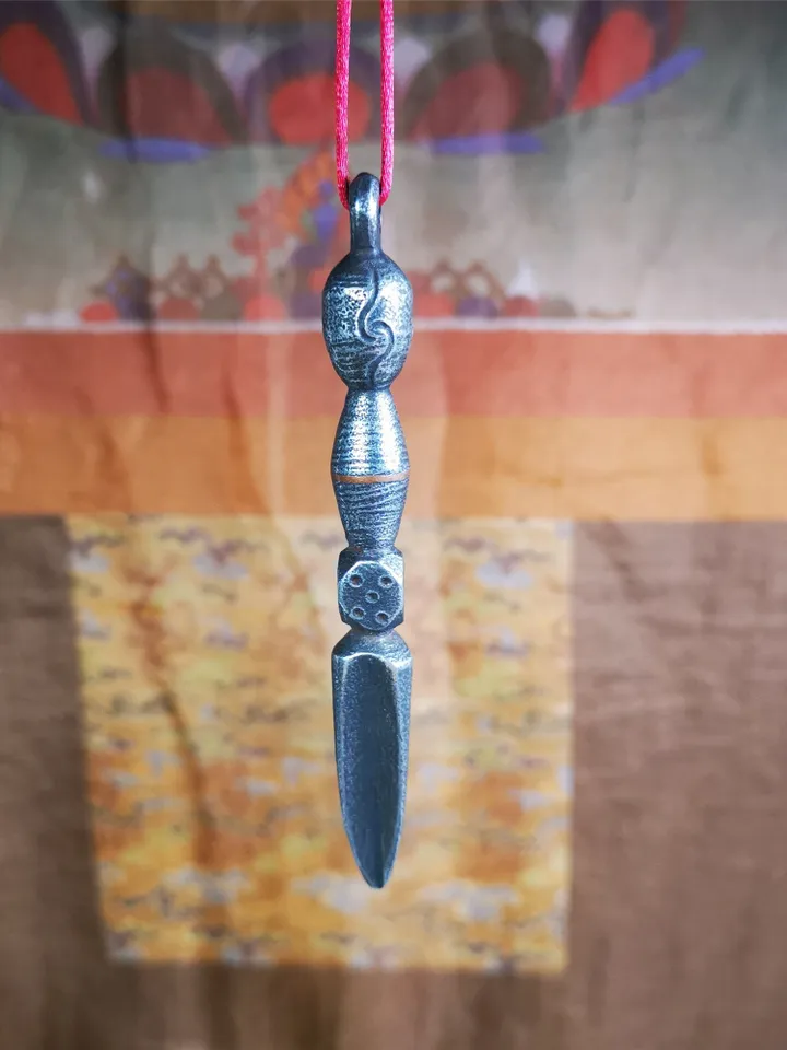 Gandhanra Handmade Skull Phurba Amulet,Kila - Dorje Phurba,Tibetan Budhist Ritual Implement Pendant,Made of Cold Iron,4.0"