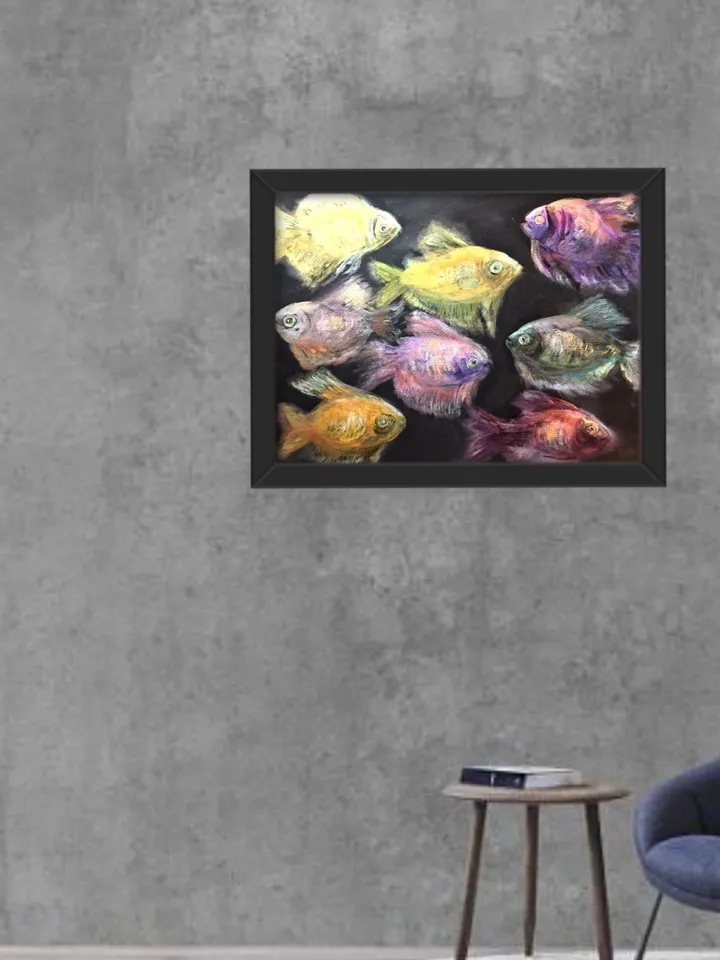 Fish aquarium painting, golden fish ,original watercolour and soft pastel painting,dark background.Home decoration.