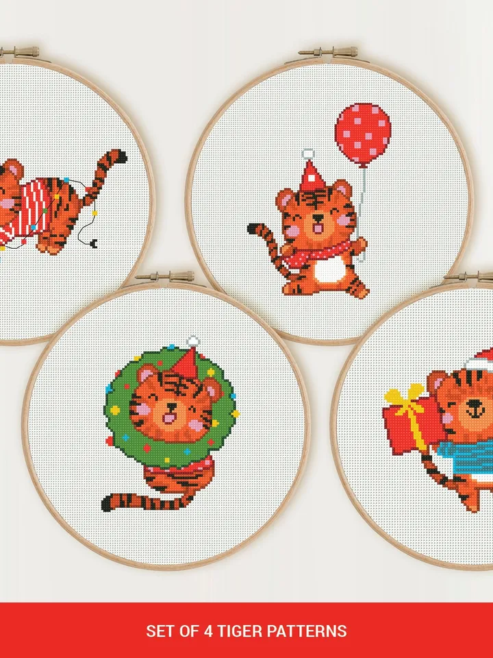 Bundle of 4 Funny Tiger 2022 New Year Cross stitch pattern | Embroidery Pattern | Instant Download | Embroidery Designs