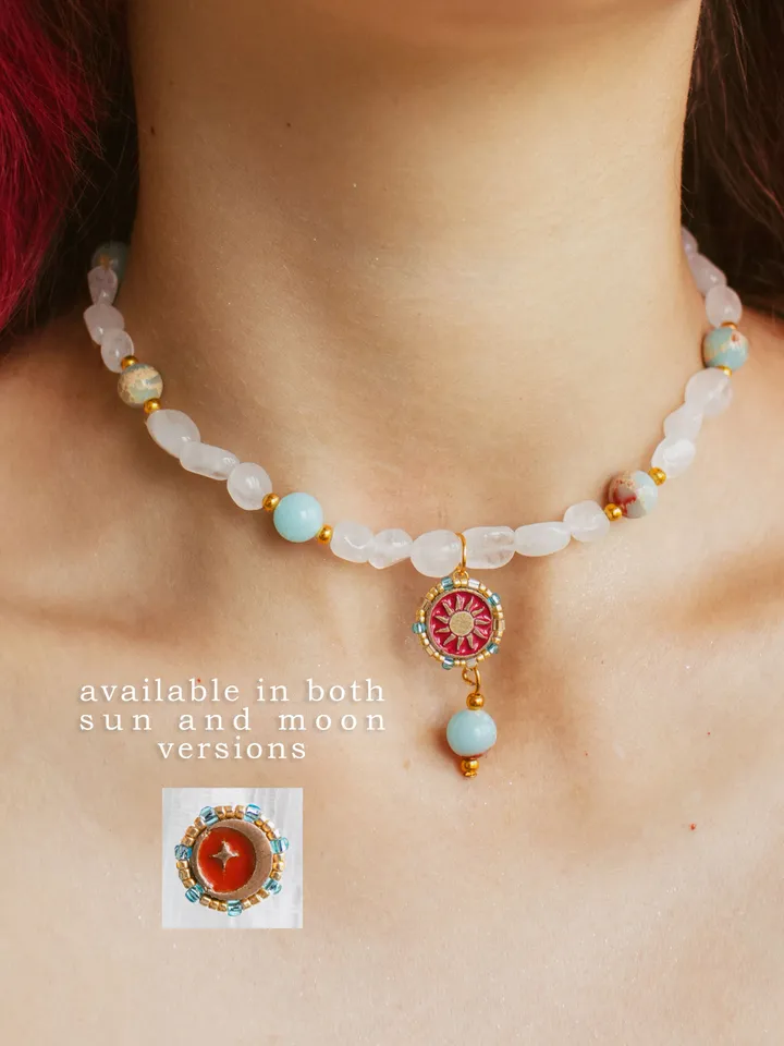 Beaded choker necklace When The Sun Meets The Moon with blue jasper and quartz. Gold stackable jewelry with celestial design in sunset red or orange color with beading. Maylina Soul