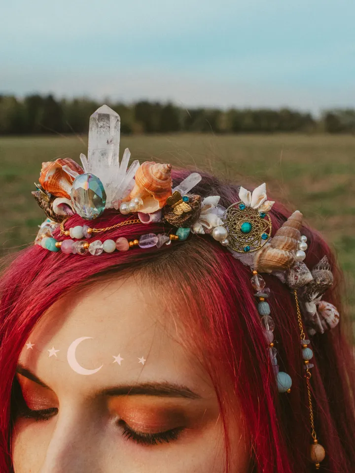 Mermaid Crown "Breathe" made with shells, crystals and upcycled jewelry. Bohemian hair accessory for festivals, weddings, proms. Whimsical hippie tiara.