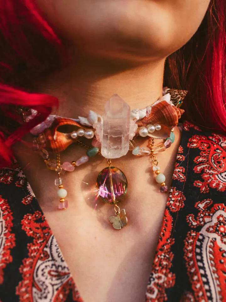 Mermaid Choker "Breathe" made with shells, golden butterflies and clear quartz crystals. Bohemian jewelry for festivals, weddings, proms. Whimsical hippie necklace.