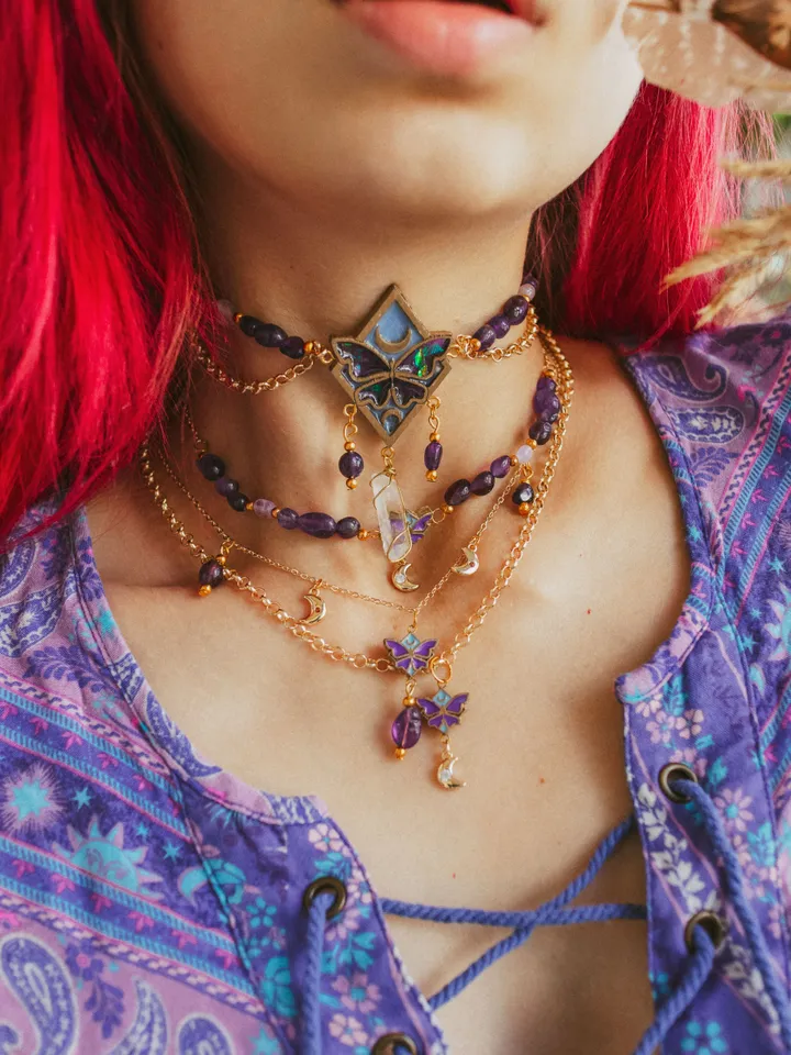 Beaded choker necklace Moonlight Serenity with amethyst crystals. Gold stackable jewelry with butterflies and moons in light blue and deep purple color. Maylina Soul