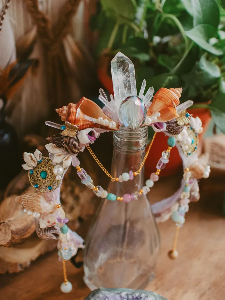 Mermaid Crown "Breathe" made with shells, crystals and upcycled jewelry. Bohemian hair accessory for festivals, weddings, proms. Whimsical hippie tiara.