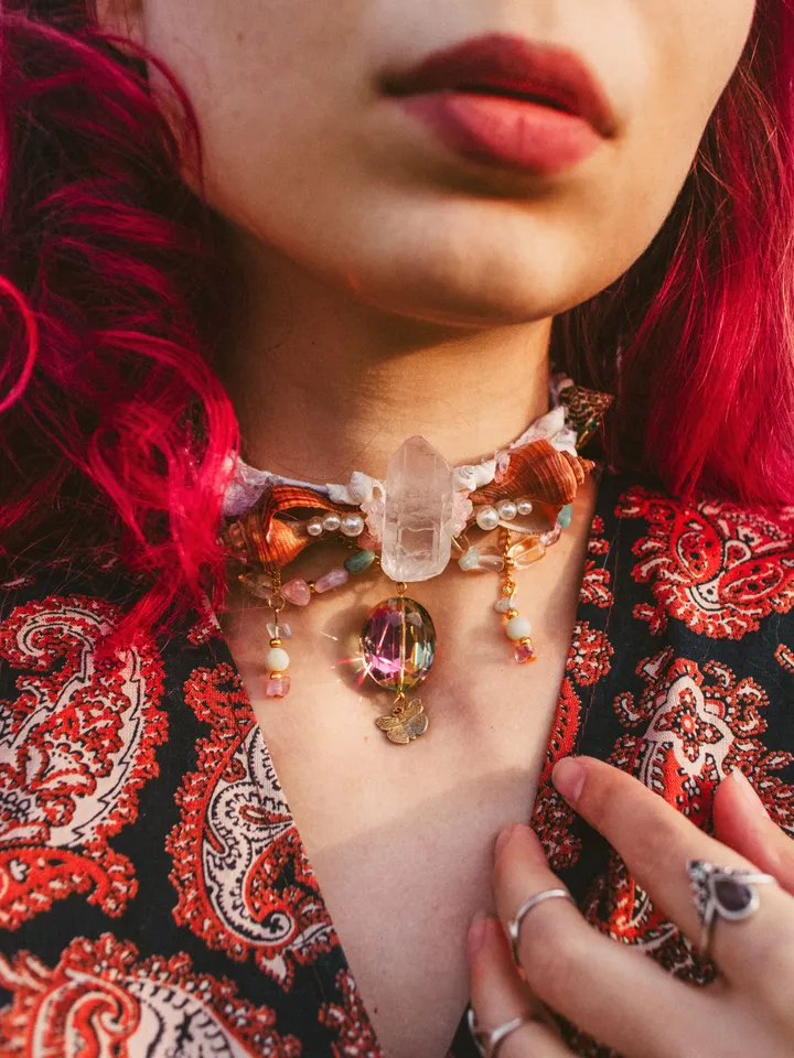 Mermaid Choker "Breathe" made with shells, golden butterflies and clear quartz crystals. Bohemian jewelry for festivals, weddings, proms. Whimsical hippie necklace.