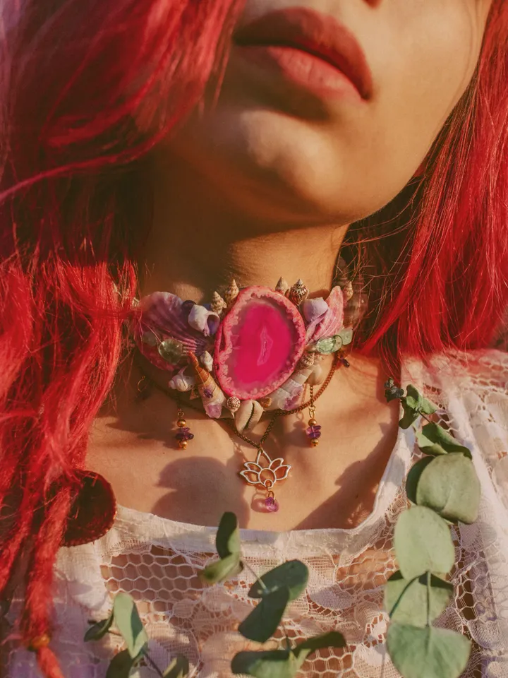 Mermaid Choker "Lotus River" made with shells, golden charms and crystals. Bohemian jewelry for festivals, weddings, proms. Whimsical hippie necklace.