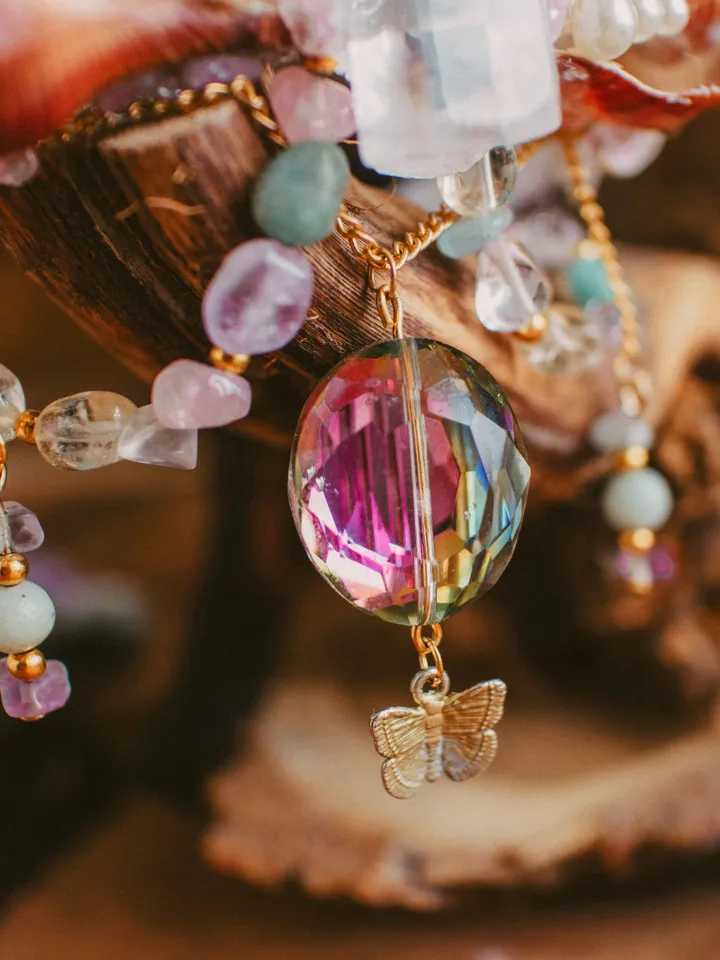Mermaid Choker "Breathe" made with shells, golden butterflies and clear quartz crystals. Bohemian jewelry for festivals, weddings, proms. Whimsical hippie necklace.