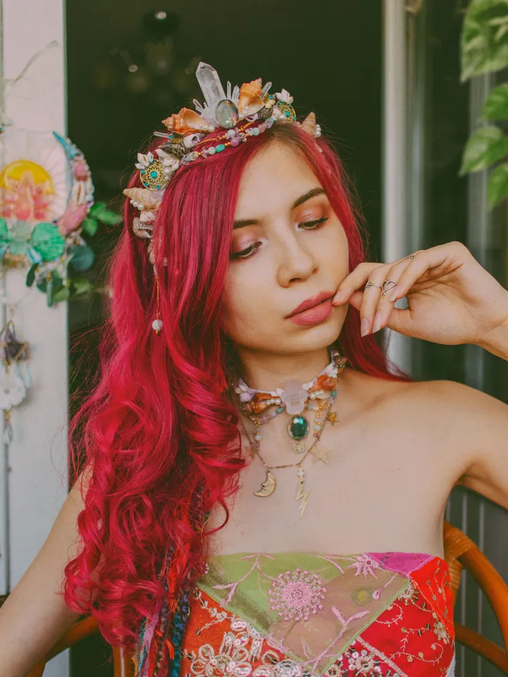 Mermaid Choker "Breathe" made with shells, golden butterflies and clear quartz crystals. Bohemian jewelry for festivals, weddings, proms. Whimsical hippie necklace.