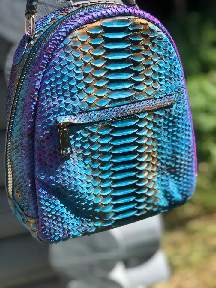 Genuine Python Skin Blue Shiny Backpack | Exotic Leather Bags | Women Sport Chic Leather BackPack | Backpack For Girls | Handmade Backpacks