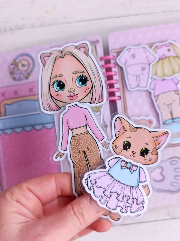 Printable Paper Blythe doll house, printable Doll with cat and clothes set, Holiday Blythe paper doll dress, Busy book printable crafts kids