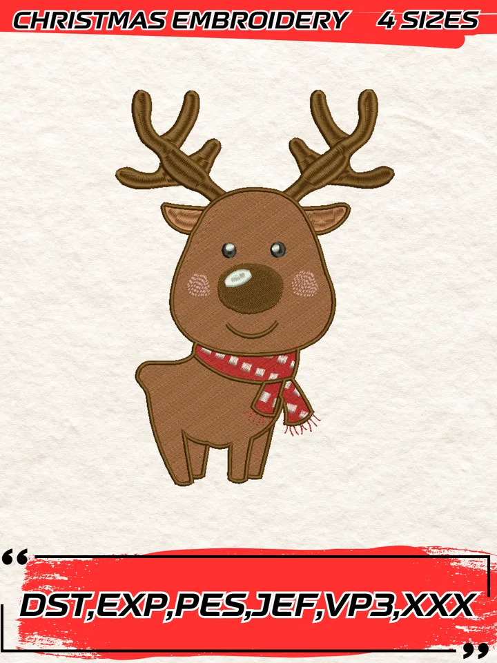 Christmas Reindeer Embroidery Design,Christmas Embroidery Design,4 Sizes, Digital Download