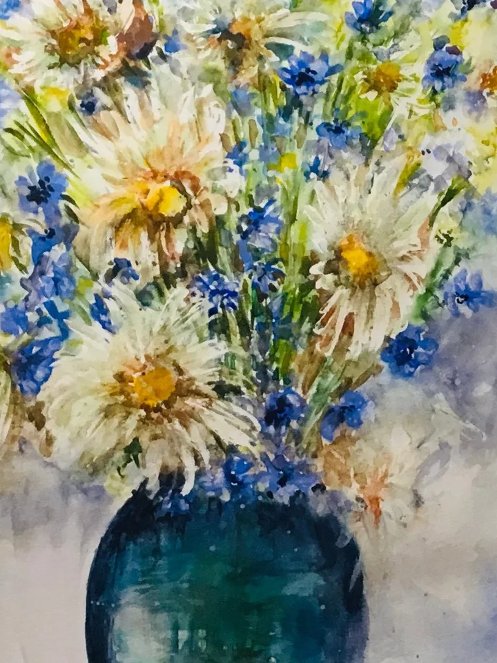 Daisies and Wild Flowers in a vase,flowers painting,original watercolor field flowers painting ,floral wall art,home decoration,gift.