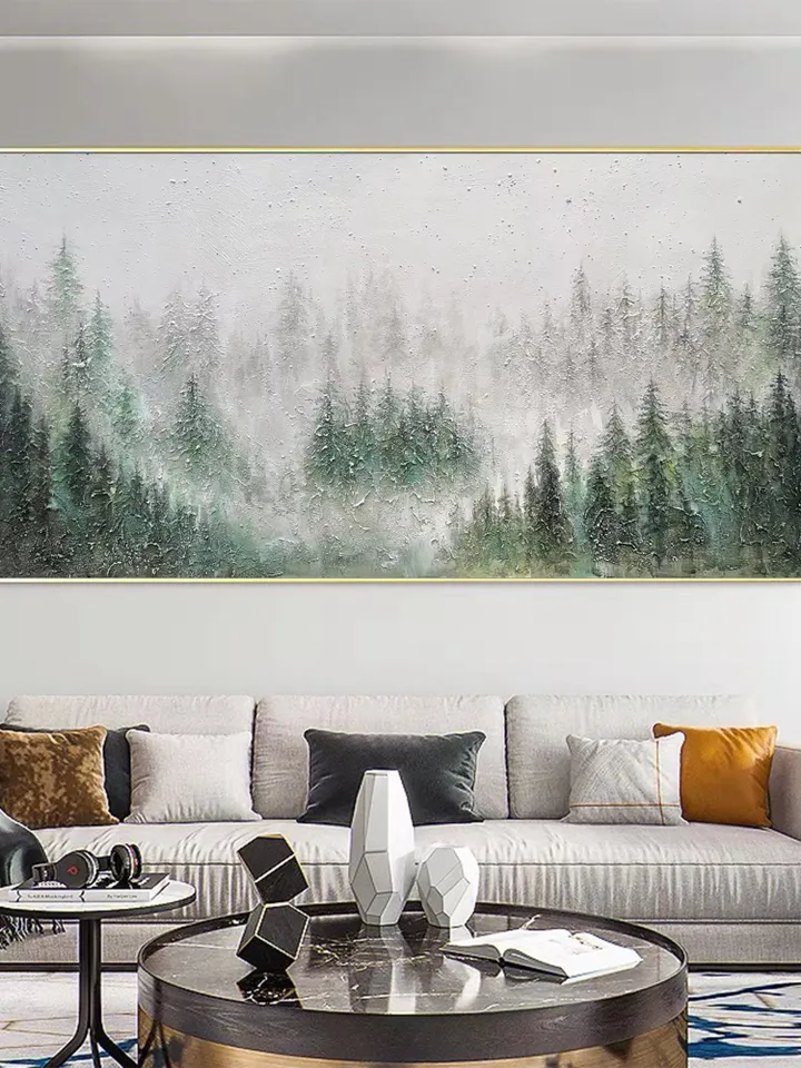Misty Forest Painting, Textured Landscape Art, Green Forest Wall Art, 3D Canvas Art, Nature Wall Decor, Serene Forest Scene, Panoramic Art