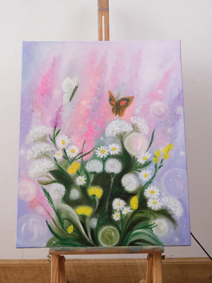 Oil Painting Waltz of Loving Moths Meadow Meadow Grass Butterflies Summer Landscape Nature Stretched Canvas 20 x16 inches 50 x40 cm Wall Decor Bedroom\Children's Room