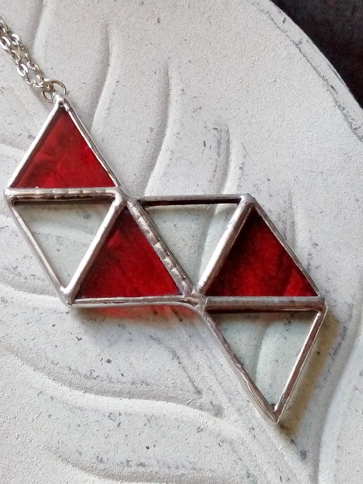 Glass geometric pendant, Origami Red necklace, triangular necklace, stained glass cute necklace