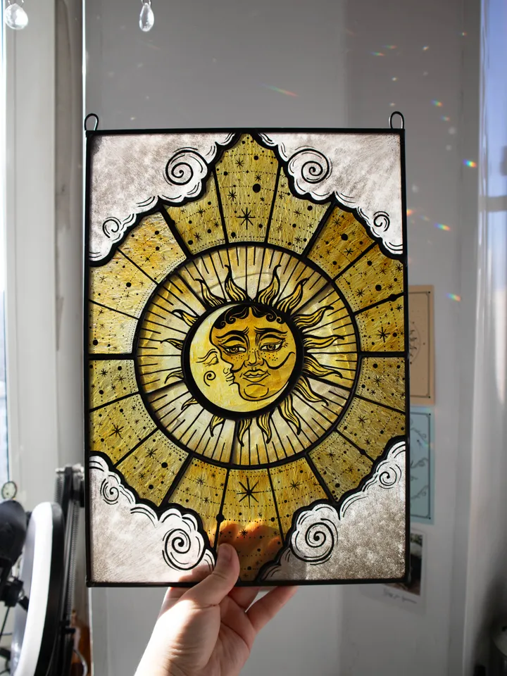 Stained glass panel, Celestial home decor, Star Art, Moon Tarot Art