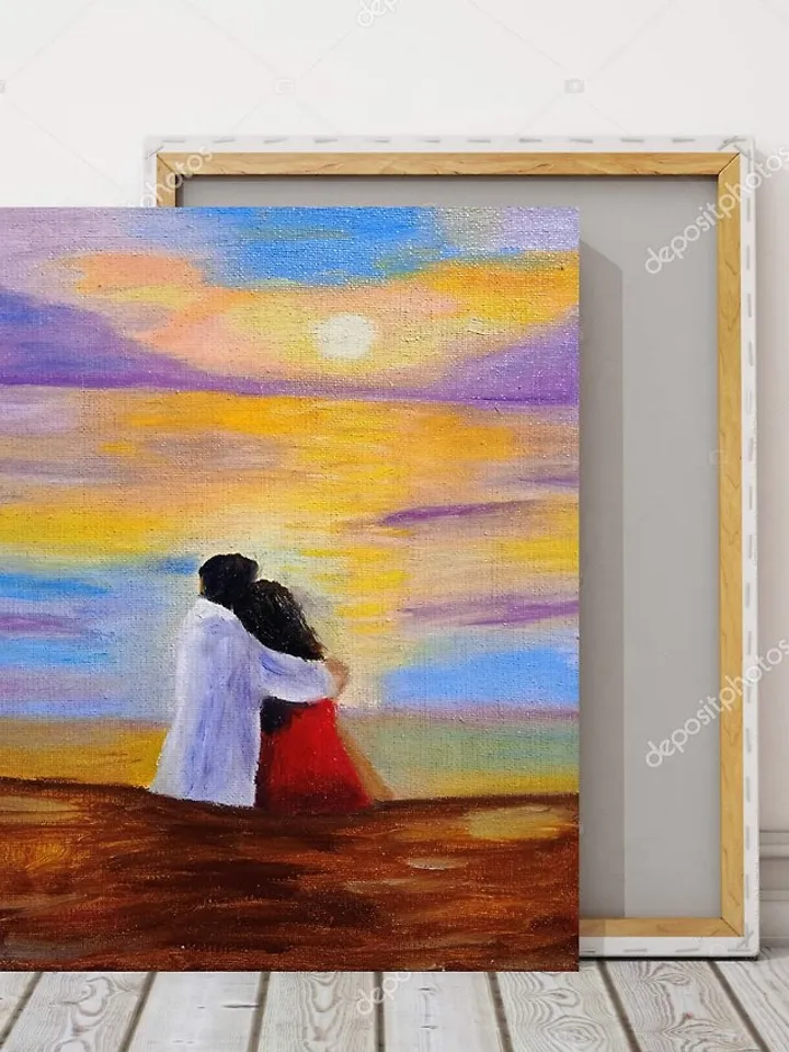 Painting with lovers on the seashore Sunset on the sea Romantic painting