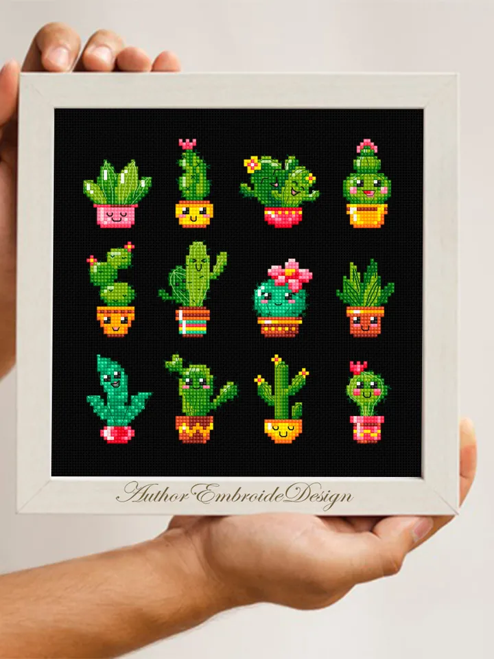 Kawaii cactus cross stitch pattern PDF download Funny succulent plants cross stitch chart, Cactus pattern digital PDF, Plant lover gift #P48