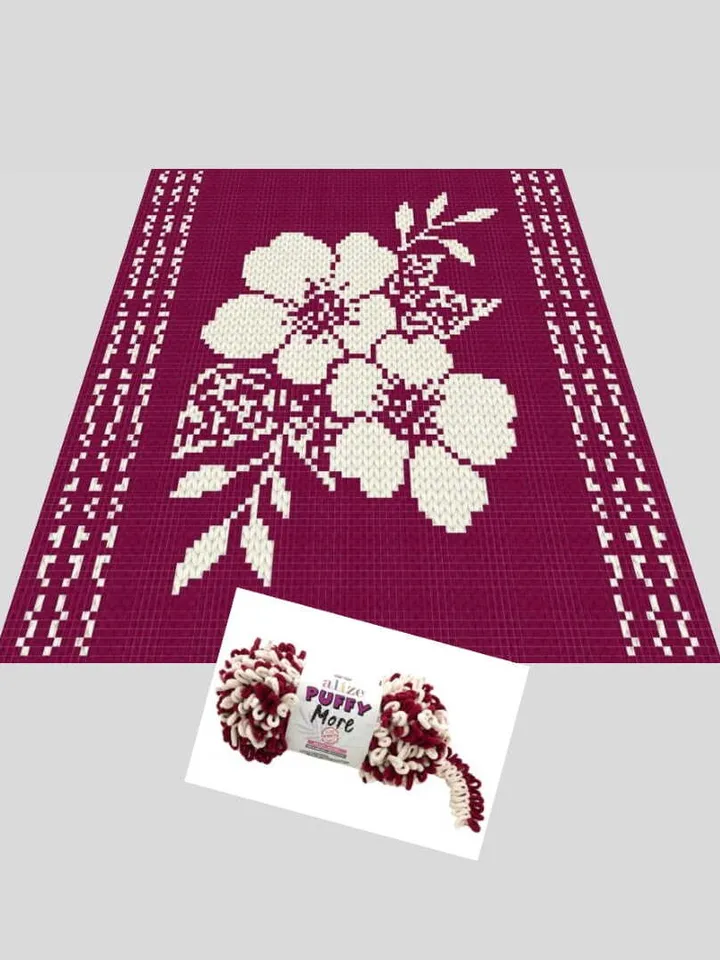 Loop yarn Finger knitted Sakura Flowers blanket pattern
