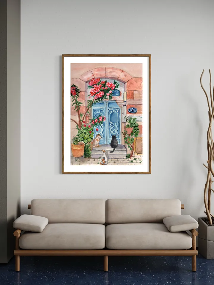 Cat Illustration Watercolor Painting Wall Art Print, Floral Illustration, Cat Home Gift, Gift For Plant Lover, Black Cat Art, Cat In Flower
