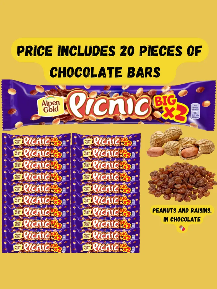 Chocolate bar "Picnic" Big, 20 pcs with peanuts and raisins 2,54oz (50,80oz)