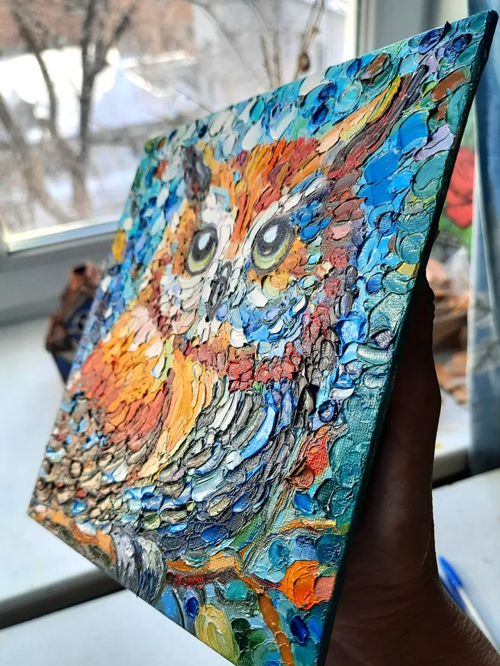 Owl Art Bird Oil Impasto Oil Painting Original Oil painting 8*8
