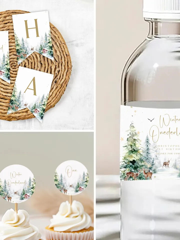 Editable Winter ONEderland Birthday Invitation Bundle, Winter Wonderland First Birthday , Deer, Winter Woodland, Adventure Theme Party i128
