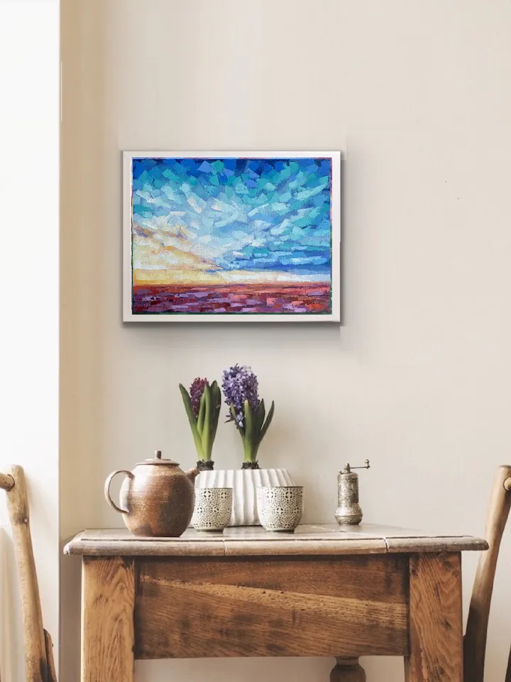 Seascape Painting Ocean Original Art Abstract Landscape Artwork Oil On Canvas 14x18" Sunset Clouds Wall Art