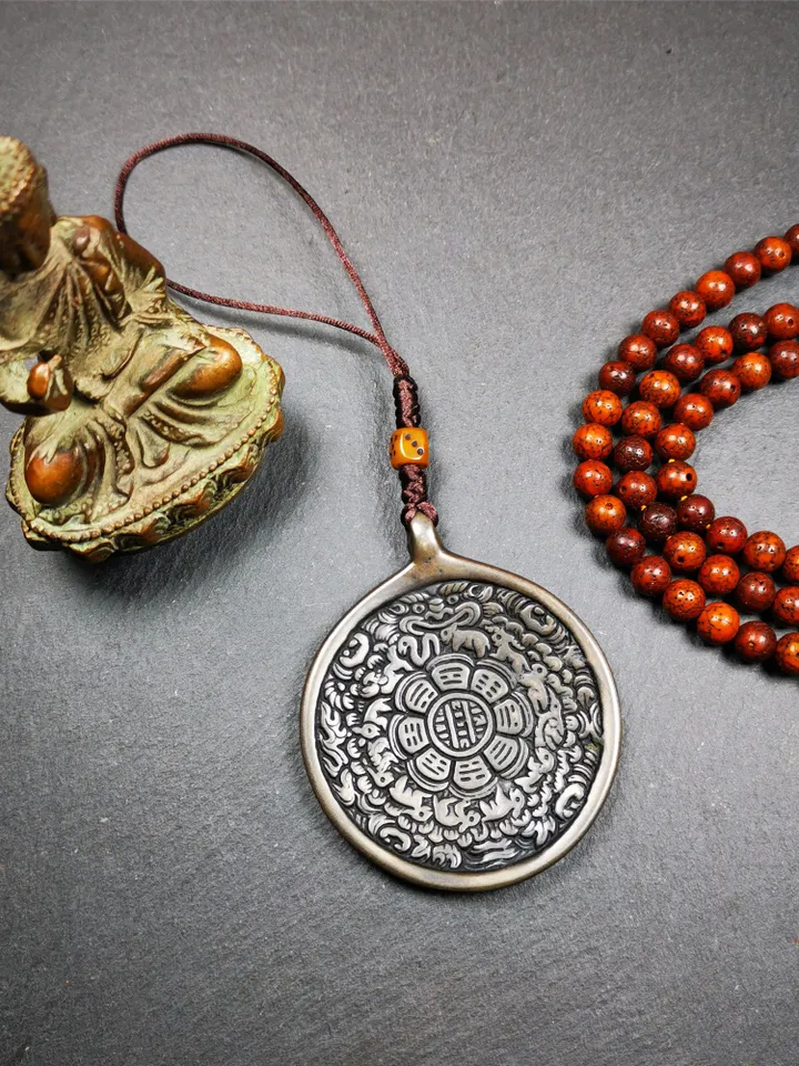 Gandhanra Antique SIPAHO(srid pa ho) Amulet, Tibetan Buddhist Astrology Calendar Badge,12 zodiac Melong Mirror, Jiugong Bagua,30 Years Old