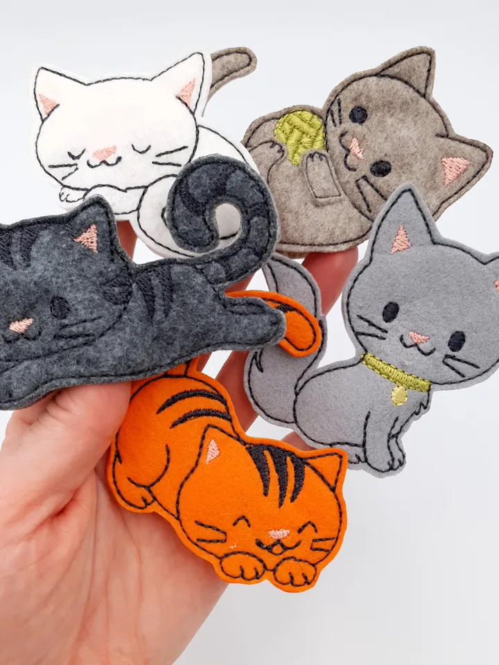 Cat Finger Puppets Embroidery Design Set - ITH Feltie Toys for 4x4 Hoop - Cute Kitten DIY Project File