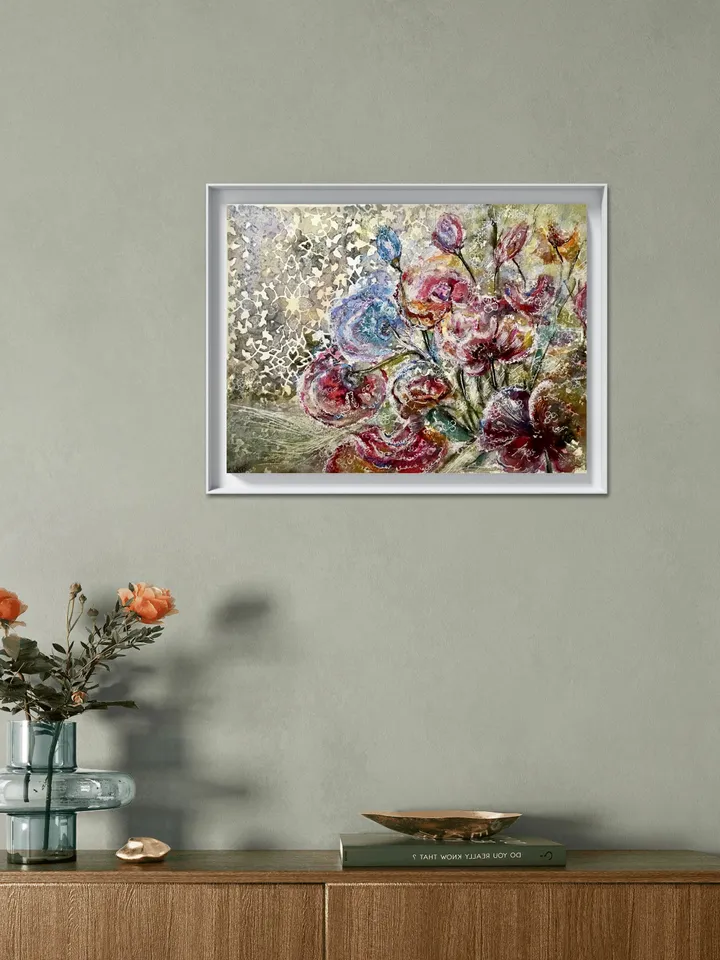 Fantasy abstract flowers,original mix media artwork,watercolor and acrylic painting on watercolor paper,modern floral decoration wall art.