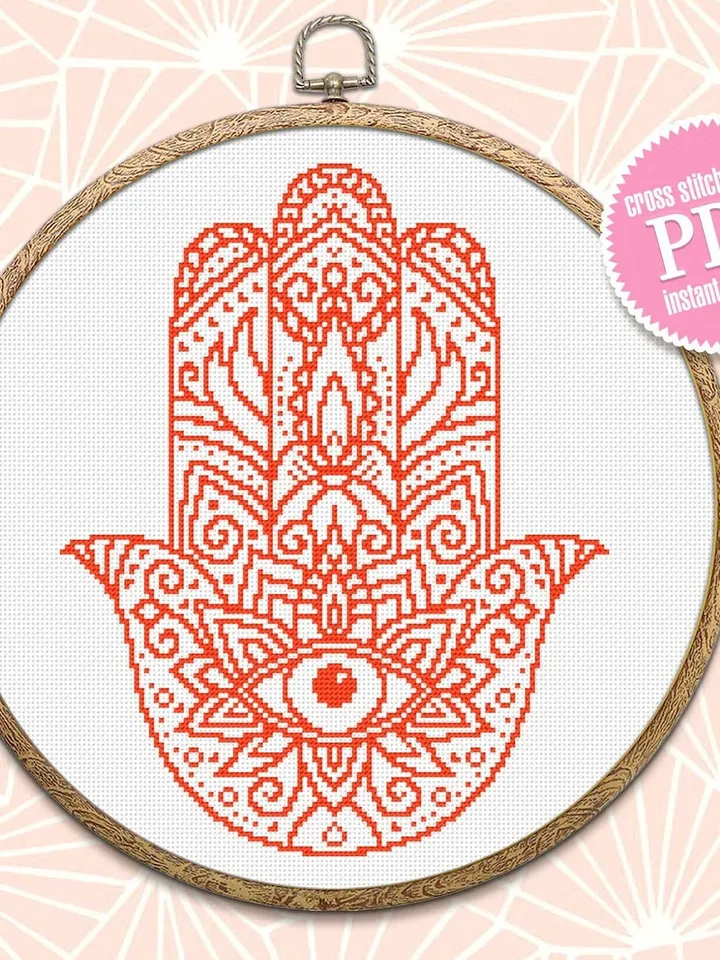 Hamsa hand cross stitch pattern download PDF, Monochrome mandala pattern, Hand of Fatima cross stitch, Evil eye hamsa beginner stitch #M83