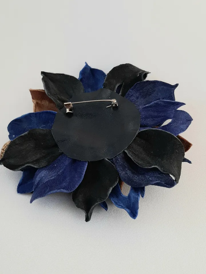 Blue leather brooch for her , 3rd anniversary gift for wife, Leather women's jewelry