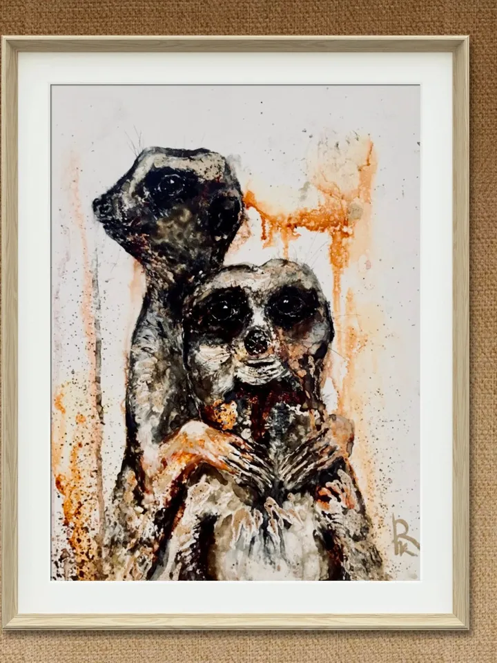 Couple of meerkats,original mix media painting on yupo paper,alcohol inks and watercolour painting,wall decoration,unique gift.