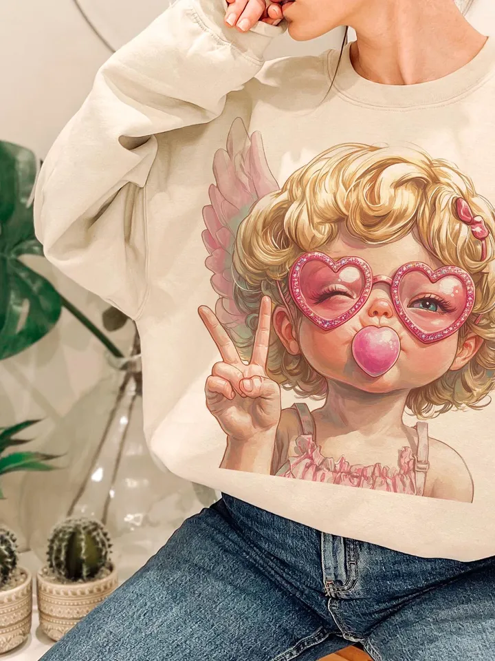 Retro Cupid Valentines Day Blowing Bubble PNG, Vintage Valentines Day png, Funny Cupid With Sunglasses png, Valentines Day png, Cupid png