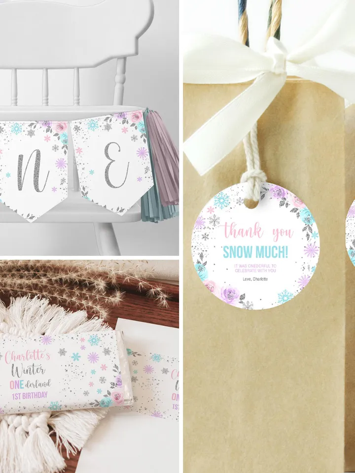 Winter Onederland Birthday Girl Decorations, Winter Onederland Birthday Party Package Bundle, Pink Blue Snowflakes Editable Template i098