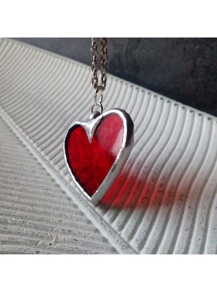 Red heart glass necklace, Love pendant, st Valentine scarlet heart necklace, kawaii pendant