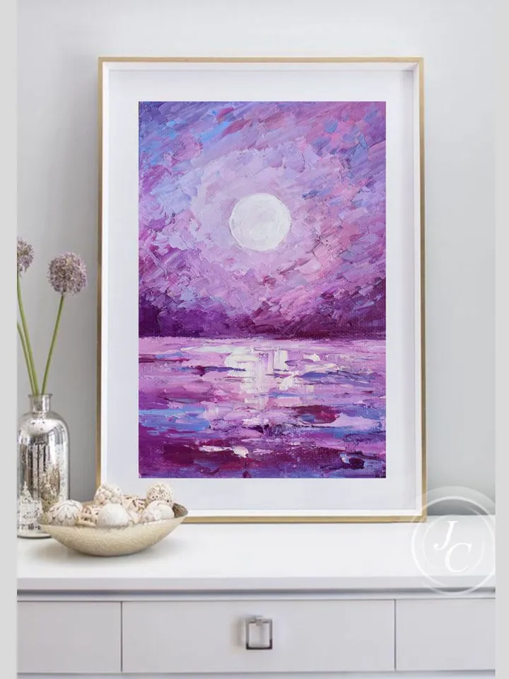 Seascape original painting Ocean wall art Full moon night oil painting Moonlit Night artwork Purple home decor