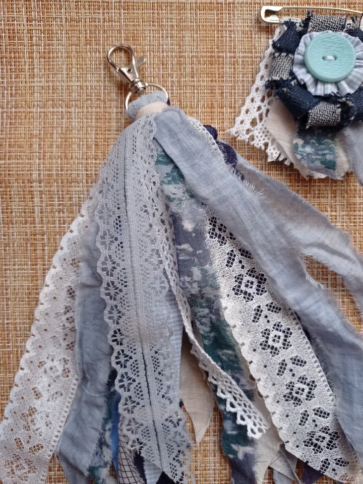 Blue brooch and keychain made of ribbons and boho fabric set
