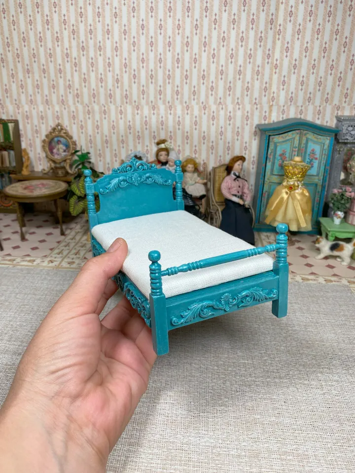 Dollhouse bed. 1:12 scale. Handmade. Miniature dollhouse. Doll bed.