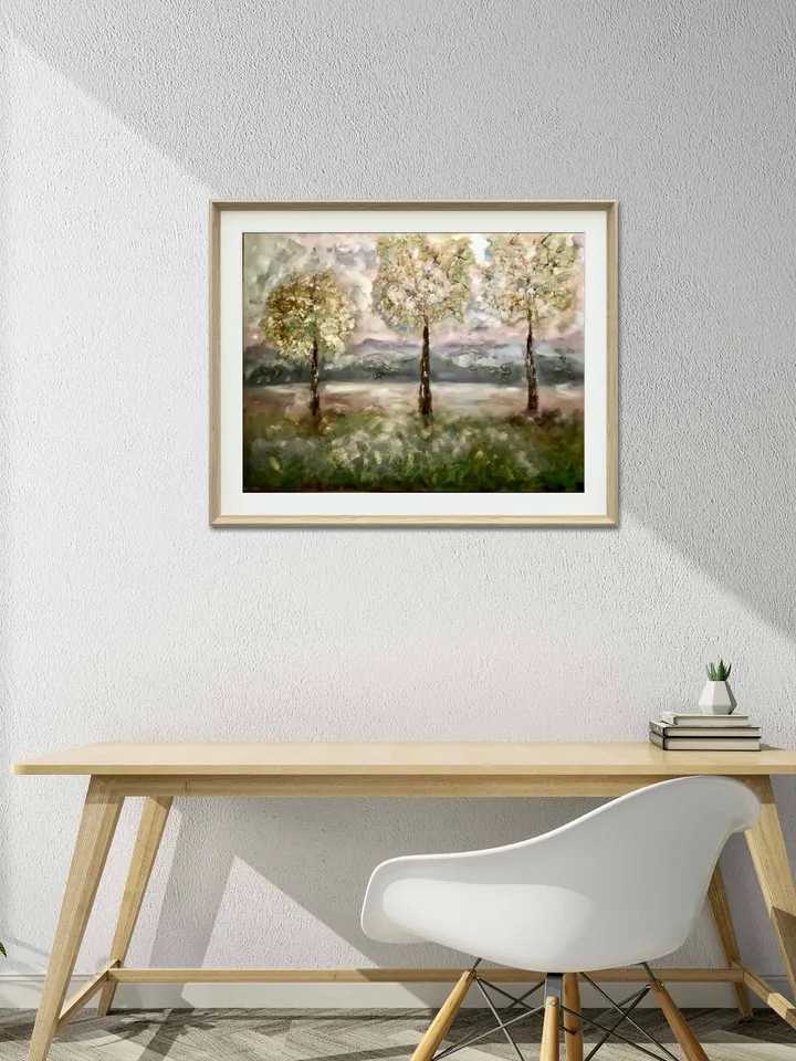 Golden trees original mix media pastel painting, pan pastel,soft pastel and oil pastel painting on pastelmat,3 trees wall art.